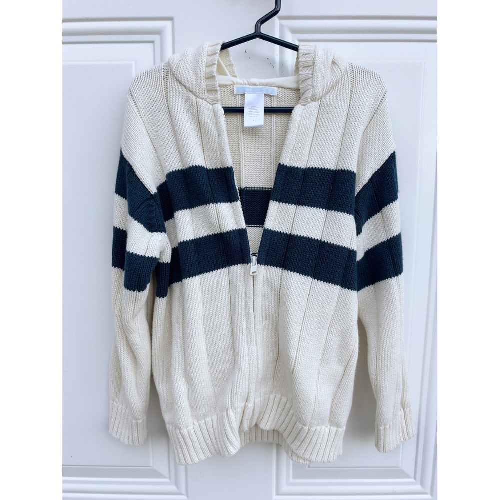 Janie and Jack Boys Size 4 Cream Navy Blue Striped Full Zip Hooded Knit Sweater